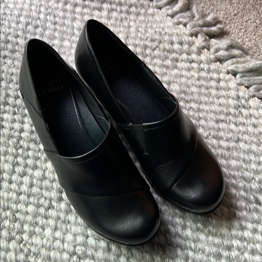 Dansko Black Wedge Shoes—Rosaline Burnished Nappa